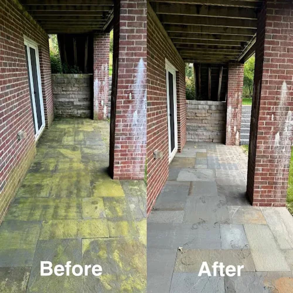Before and after comparison of a cleaned outdoor patio, showing improved surface condition.