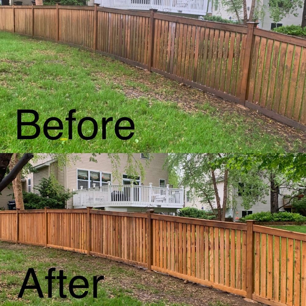 Comparison of a wooden fence before and after staining, showcasing improved appearance.