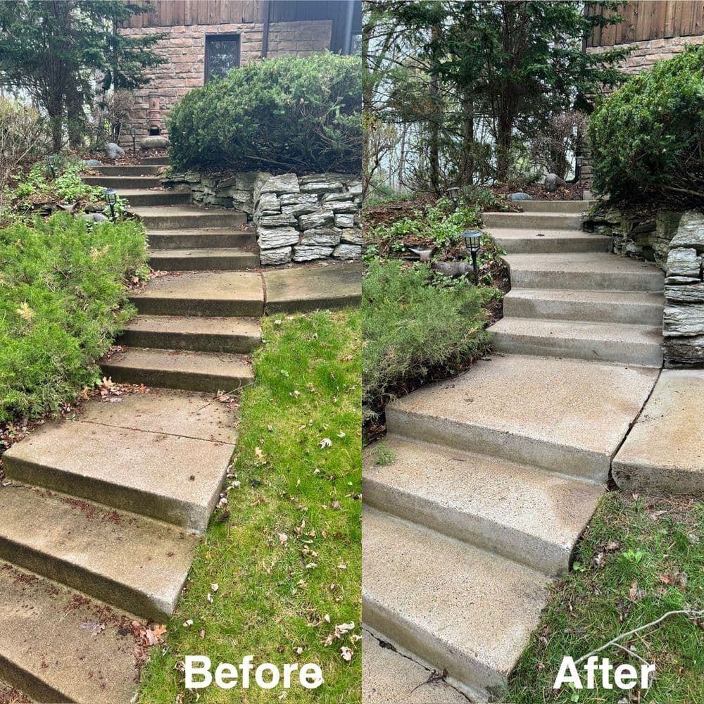 Before and after photo of a cleaned concrete walkway with landscaping improvements.
