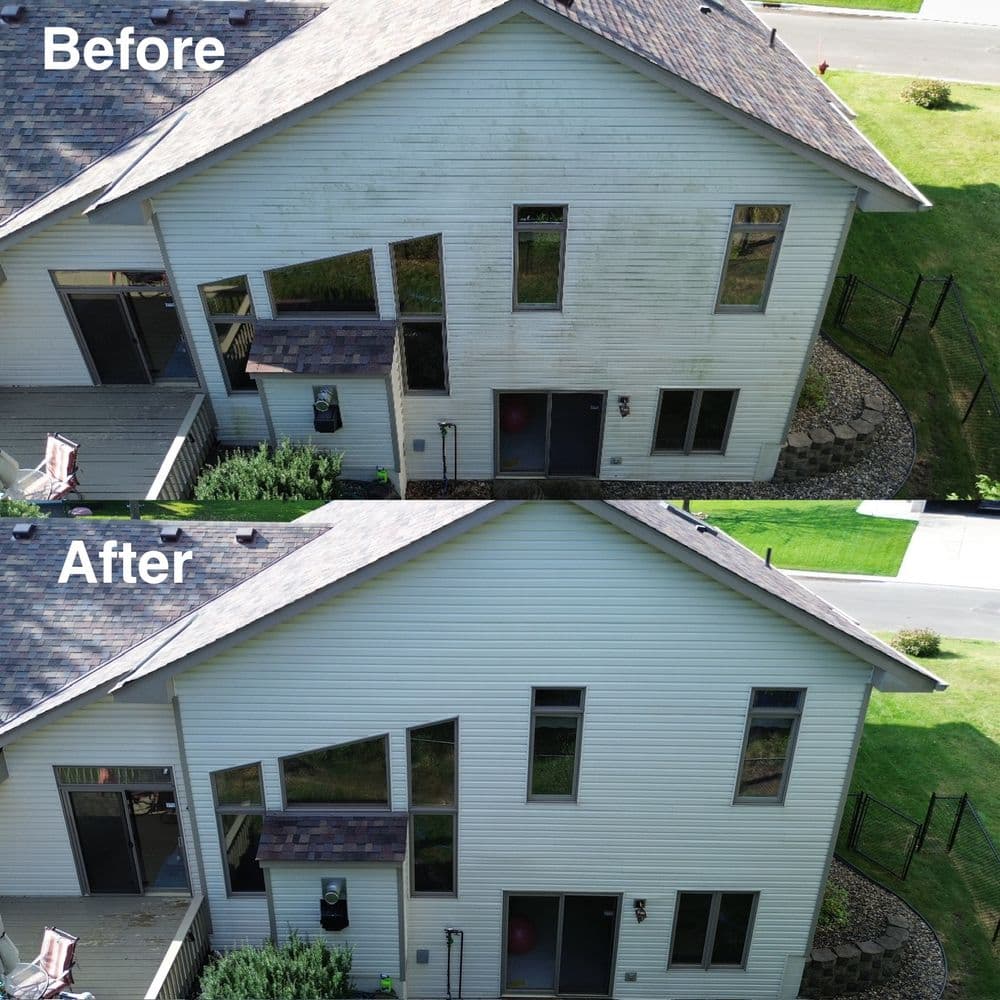 Before and after transformation of a house exterior showing significant cleaning and improvements.