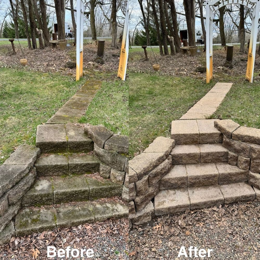 Before and after transformation of stone steps in a garden, showcasing improved appearance.