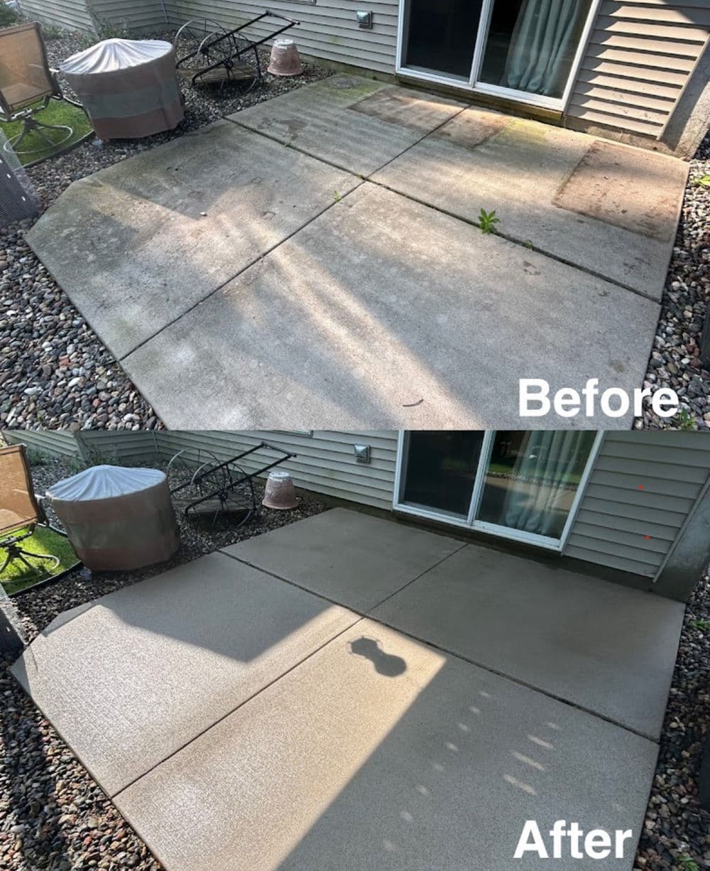 Patio cleaning transformation: before and after concrete surface restoration.