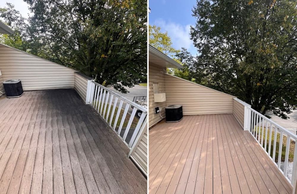 Before and after deck cleaning, showcasing dramatic transformation and improved appearance.