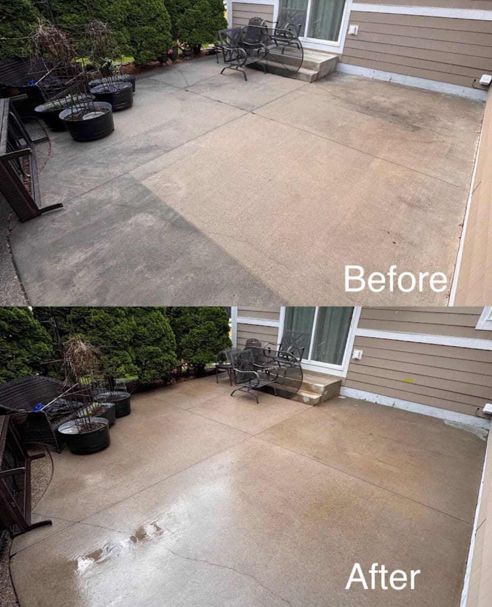 Before and after image of a concrete patio cleaning transformation.