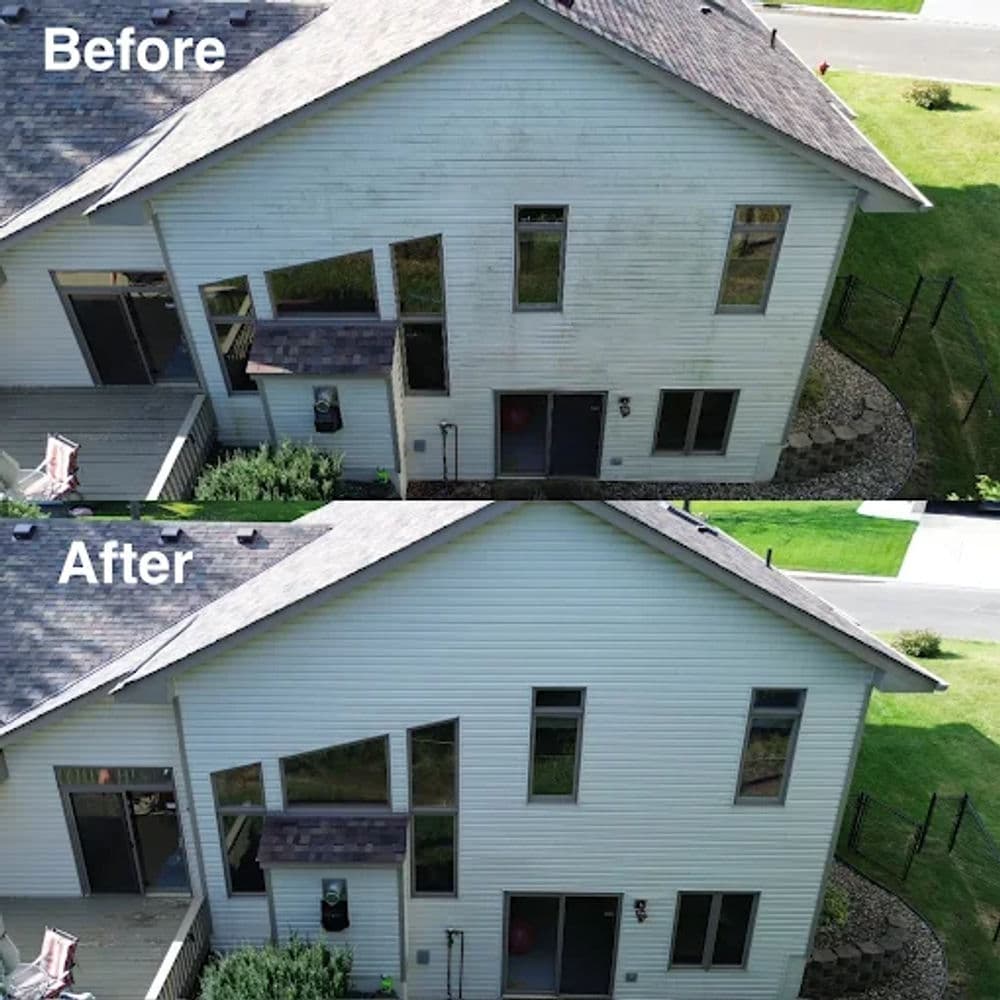 Home exterior renovation showcasing before and after transformation of windows and siding.