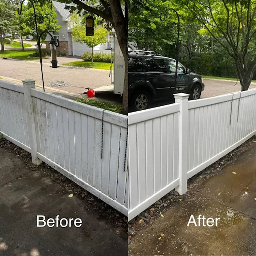 Before and after comparison of a clean white vinyl fence, showcasing transformation and maintenance.
