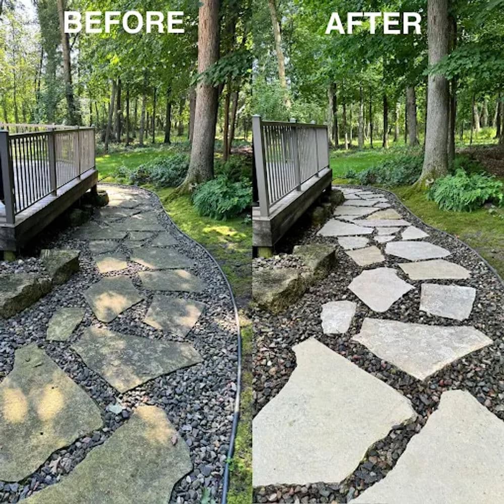 Before and after transformation of a garden pathway with stone slabs and landscaping improvements.
