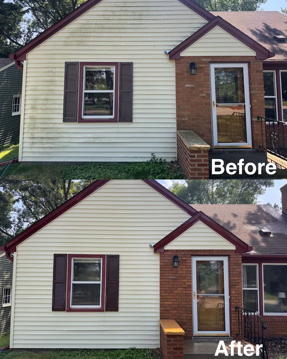 Before and after exterior house cleaning, showcasing clean siding and refreshed entryway.