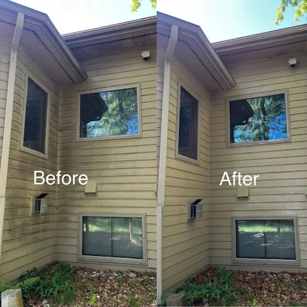 Before and after comparison of a house exterior cleaning, highlighting improved window clarity.
