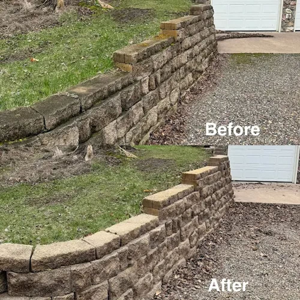Before and after comparison of a stone retaining wall landscape renovation.