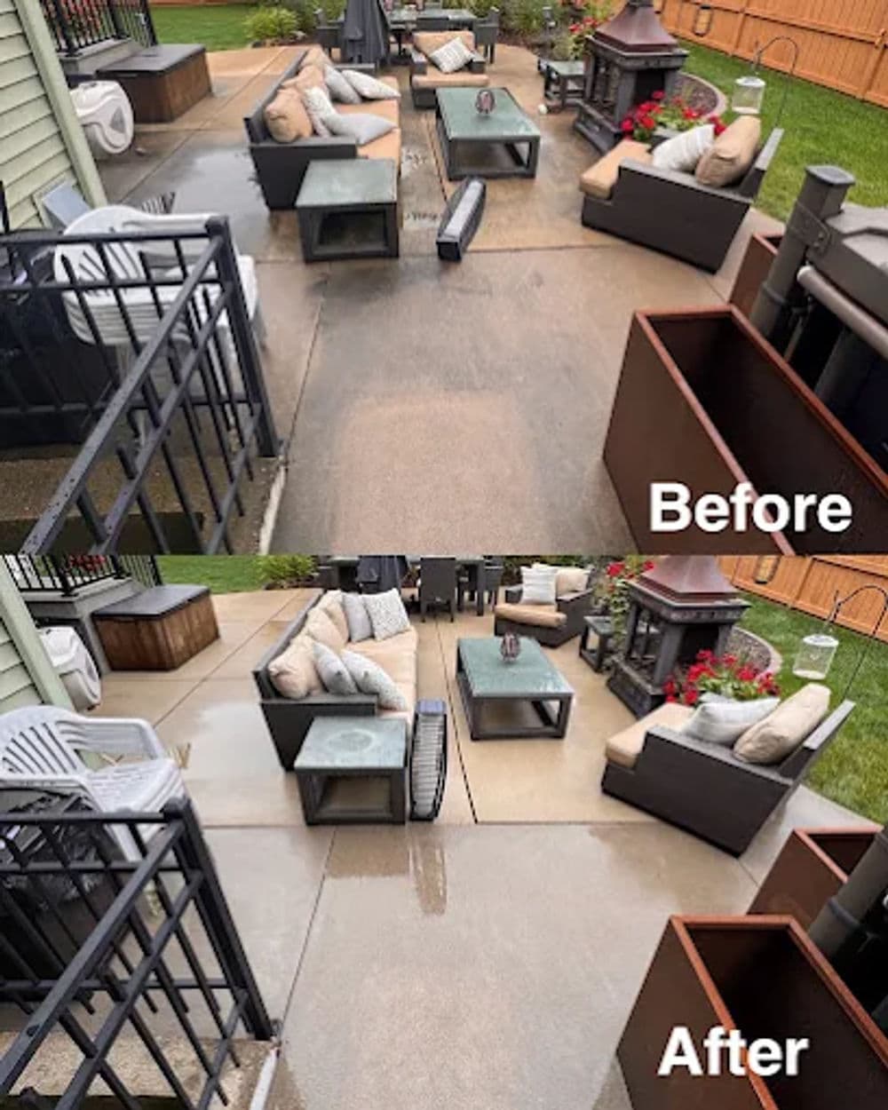 Before and after patio cleaning, showcasing improved appearance and outdoor furniture arrangement.