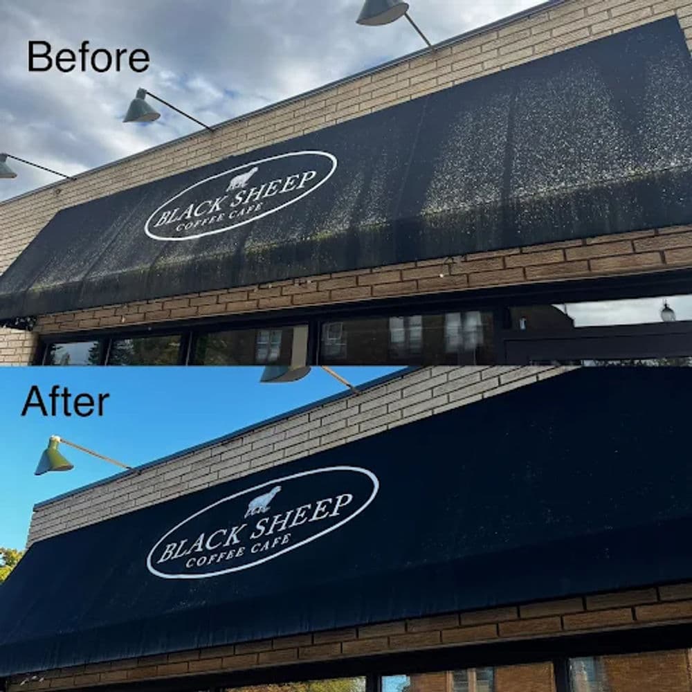 Before and after image of Black Sheep Coffee Cafe's cleaned awning, showcasing improved appearance.