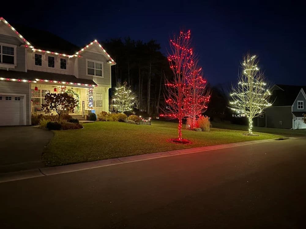 Festive holiday lights adorn a house and trees in a beautifully decorated neighborhood at night.