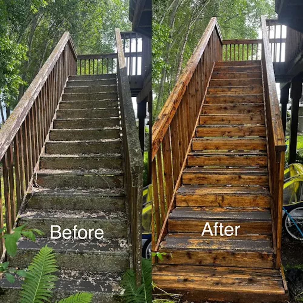 Before and after transformation of wooden stairs, showcasing clean restoration and improved appearance.