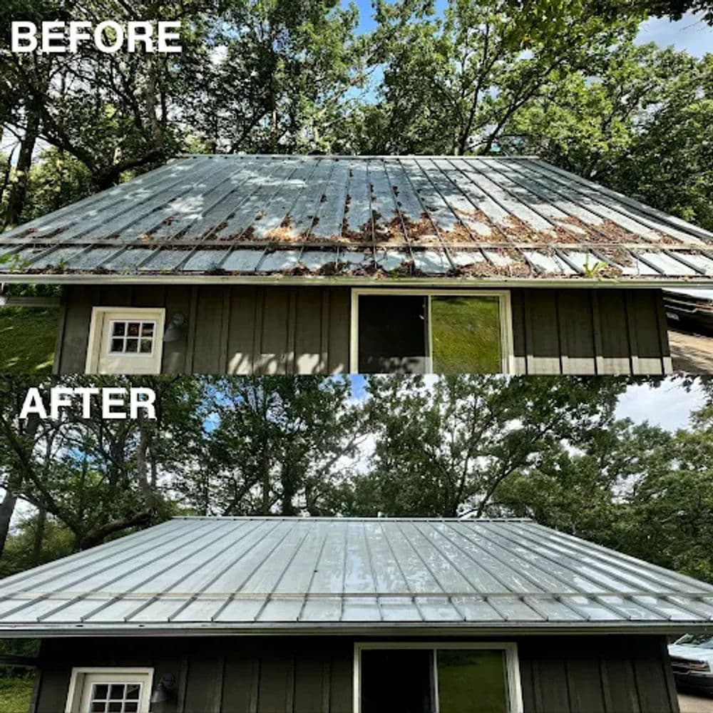 Metal roof cleaning before and after, showing restored shine and debris removal.