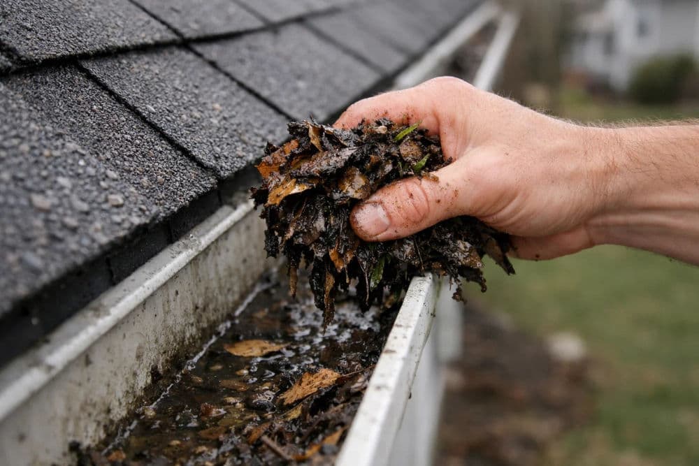 Hand cleaning leaves and debris from a rain gutter to prevent clogs and water damage.